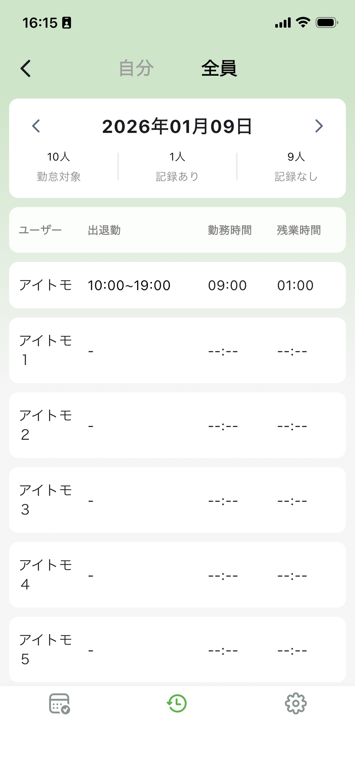 部門勤怠記録画面