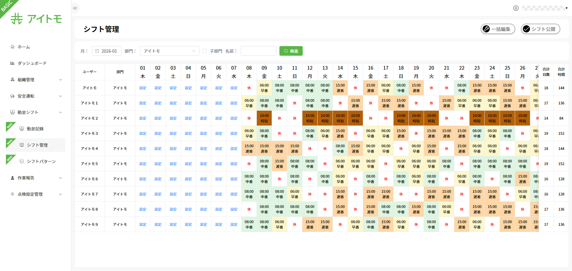 シフト管理一覧画面