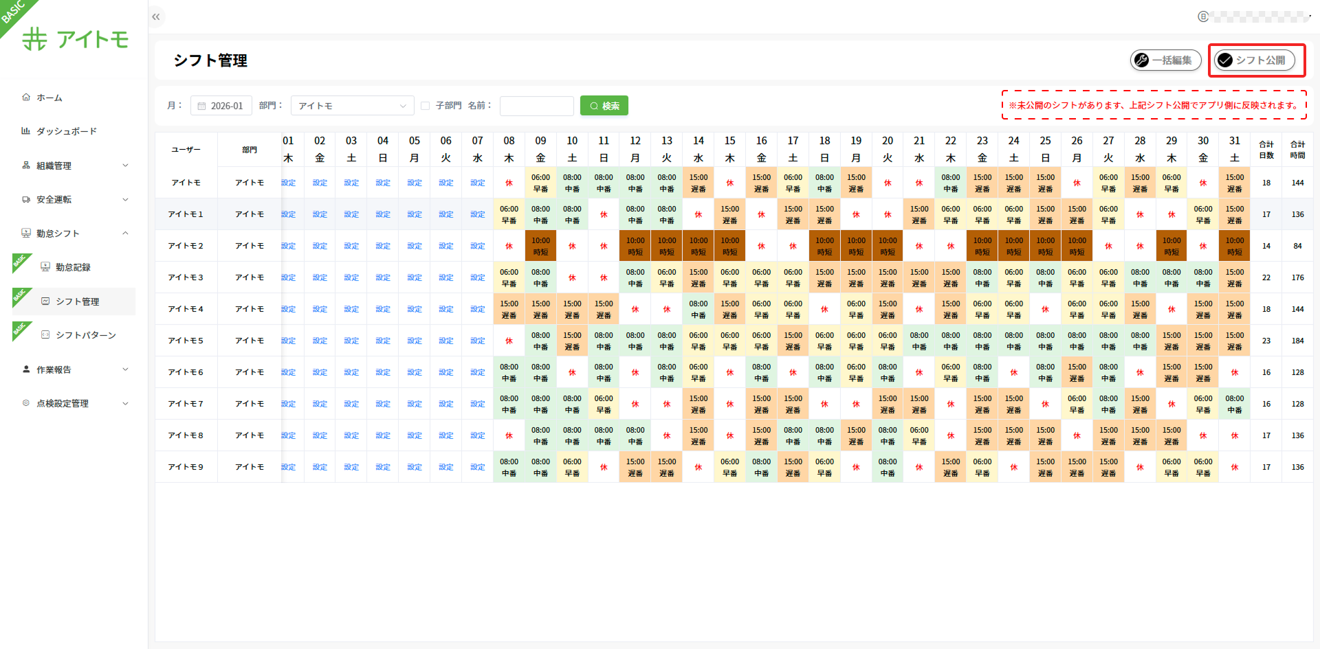 シフト管理一覧画面(未公開状態)